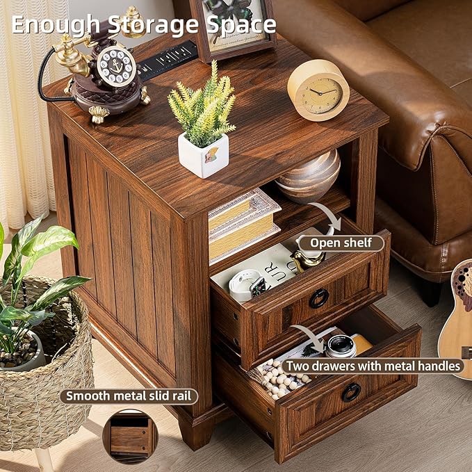 18" Farmhouse Night Stand with Charging Station, 2 Drawers End Table Dresser for Bedroom, Brown Wooden Nightstand, Bed Side Table with Open Shelf, Bedside Cabinet for Living Room, Closet-Ruum Studio Home