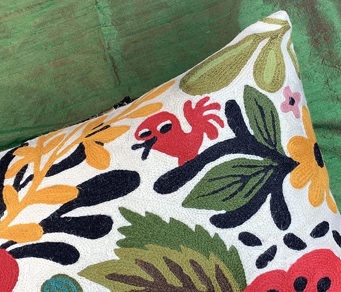 Lumbar Cream Suzani Cushions - Boho Floral Throw Pillows | Outdoor Pillows & Chair Cushions - Hand Embroidered Wool Size - 14x20-Ruum Studio Home