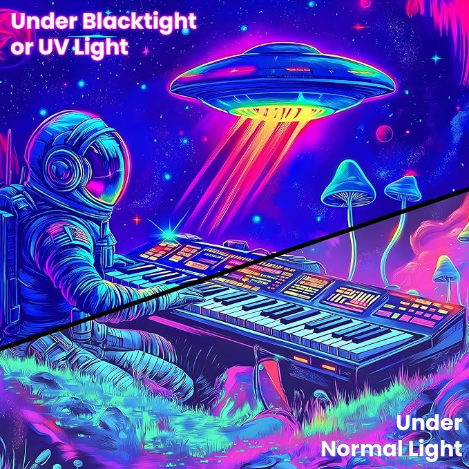 BVBOX Astronaut Space Blacklight Tapestry 79"x59", UV Reactive Astronaut Electronic Piano UFO Galaxy Planet Glow in Dark Music Tapestries, Black Light Neon Upright Poster Wall Hanging Backdrop Decor for Bedroom Living Room-Ruum Studio Home