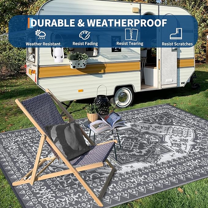 GAOMON Outdoor Patio Rug 9x12 Waterproof Reversible Plastic Straw Rug, Large UV-Resistant Portable RV Camping Mats, Indoor Outdoor Rugs for Outside Deck Porch Garden RV, Gray & White-Ruum Studio Home