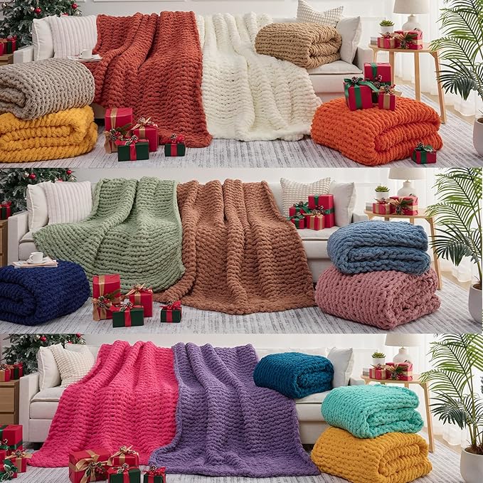 L'AGRATY Chunky Knit Blanket Throw - Soft Chenille Yarn Throw Blanket 60x80: Handmade Thick Cable Knit Crochet Blanket - Large Knit Blanket Chunky Rope Knot Throw Blanket for Couch Sofa Bed Home Decor-Ruum Studio Home
