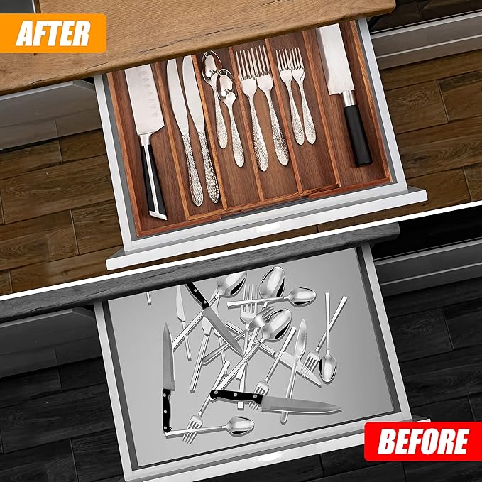 Bellsal Acacia Silverware Organizer Kitchen Drawer Organizer Expandable Bamboo Utensil Holder Cutlery Tray for Kitchen Utensil and Flatware Bedroom Office-Ruum Studio Home