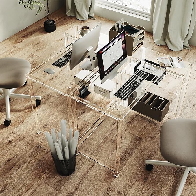 Eglaf Acrylic L-Shaped Desk - Clear Desk with Reversible Storage Shelves - Modern Home Office Desk Corner Desk for Study, Writing, Rectangular Legs, Easy Assembly, 39.4" L x 27''W x 29.5" H-Ruum Studio Home
