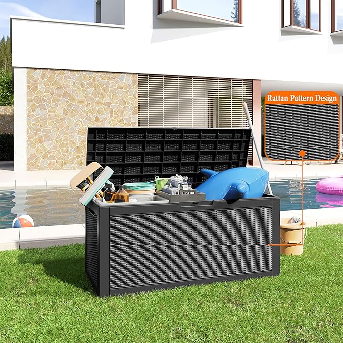 100 Gallon Resin Deck Box, Lockable Patio Outdoor Storage Box for Furniture, Garden Tools and Tools Storage, Waterproof Outside Storage Boxes - Black-Ruum Studio Home