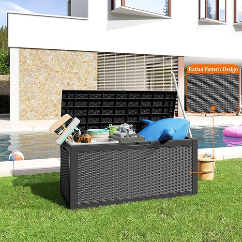 100 Gallon Resin Deck Box, Lockable Patio Outdoor Storage Box for Furniture, Garden Tools and Tools Storage, Waterproof Outside Storage Boxes - Black-Ruum Studio Home