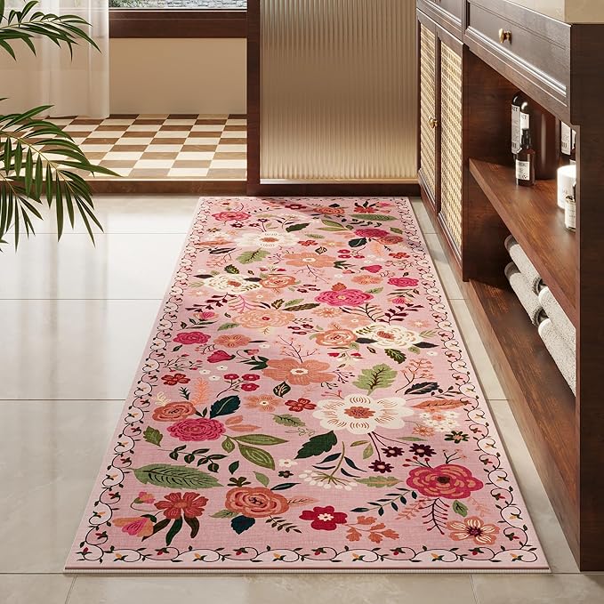 Runner Rug for Hallways Kitchen Rug Non Slip 2'6''x8' Washable Runner Rugs with Rubber Backing Soft Floral Carpet Runner for Hallways, Kitchen, Laundry, Bedroom, Bathroom(Pink)-Ruum Studio Home