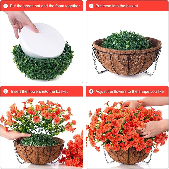 Artificial Fall Flowers Fake Hanging Plants Flowers Basket for Outdoors Autumn Decoration, Orange Silk Morning Glory with Eucalyptus Look Real UV Resistant Faux Flowers for Outside Porch Patio Balcony-Ruum Studio Home
