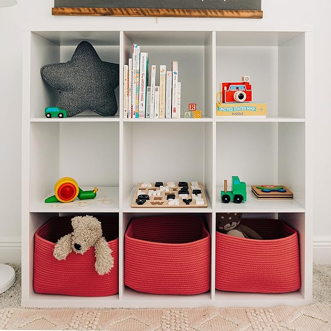 OrganiHaus Woven Storage Baskets for Organizing, Cotton Rope Organizer Bins for Shelves, Closet & Nursery, Dog Toy Basket, Decorative Bins for Toys, Towels & Books - 15x10x9, Red-Ruum Studio Home
