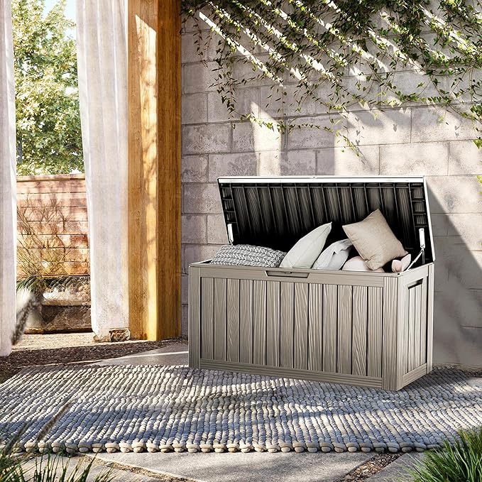 80 Gallon Lockable Resin Deck Box, Waterproof & UV-Resistant Outdoor Storage Box for Outdoor Cushion Storage, Garden Tools & Pool Accessories Storage, Gray-Ruum Studio Home
