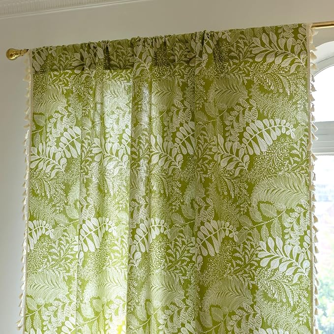 Sutuo Home Boho Curtains 84 Inches Length for Bedroom Living Room, Printed Cotton Linen Rod Pocket Rustic Farmhouse Bohemian Tassels Window Treatment, 1 Panel 59" W x 84" L, Green Botanic Leaves-Ruum Studio Home