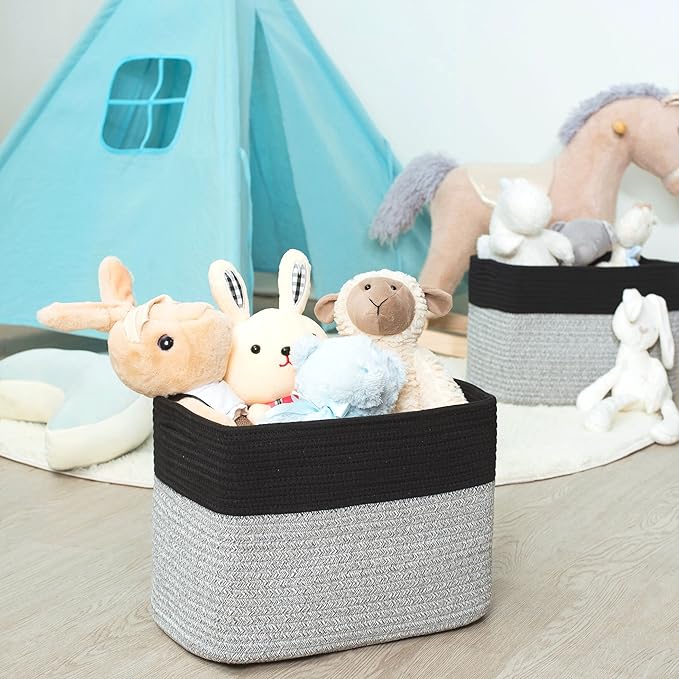 MINTWOOD Design 3-Pack Storage Baskets for Shelves, Playroom Classroom Storage Basket, Book Basket, Decorative Storage Cube Bins, Woven Closet Organizers, Pantry and Shoe Organizer, Black Light Grey-Ruum Studio Home