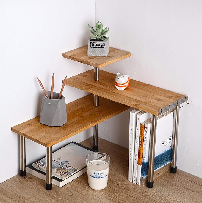 HYNAWIN Corner Shelf Bamboo & Metal Storage Spice Rack, 3 Tier Desk Bookshelf Display Shelves Space Saving Organizer, Adjustable Rack for Kitchen, Bed Room, Office-Best Home Décor (Upgraded Shelf)-Ruum Studio Home