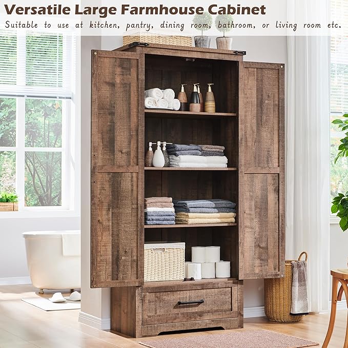 72" Tall Wood Storage Cabinet, Farmhouse Kitchen Pantry Cabinet with Adjustable Shelves & Drawer & Barn Doors, Versatile Storage for Kitchen, Dining Room, Bathroom, Light Brown-Ruum Studio Home