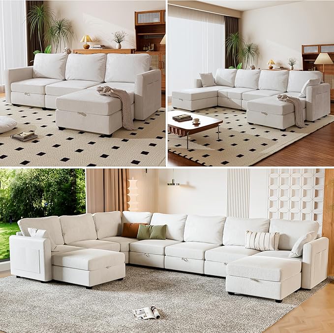 mestyl Modular Sectional Sofa Convertible L Shaped Sofa Couch Set with Storage for Living Room, Modern 3 Seater Modular Sectional Couch with Movable Ottoman (Beige)-Ruum Studio Home