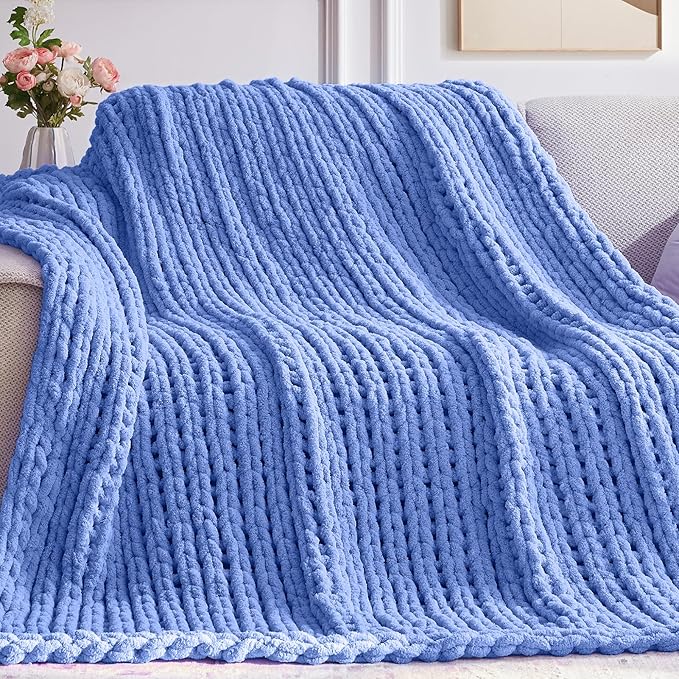 Chunky Knit Throw Blanket, 40''*50'' Knitted Throw Chenille Yarn for Bed Couch, Handmade Light Blue Crochet Big Thick Blanket, Machine Washable Cute Comfy Blanket for Home Decor-Ruum Studio Home