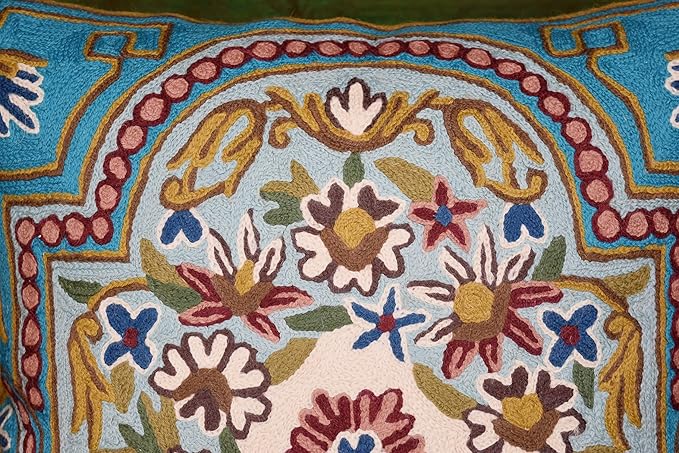 Turquoise Floral Pillow Cover Traditional Blue Flower Pillowcase Traditional Outdoor Cushion Suzani Flower Throw Florals Chair Farmhouse Hand Embroidered Cushions Wool 18x18 Inch-Ruum Studio Home
