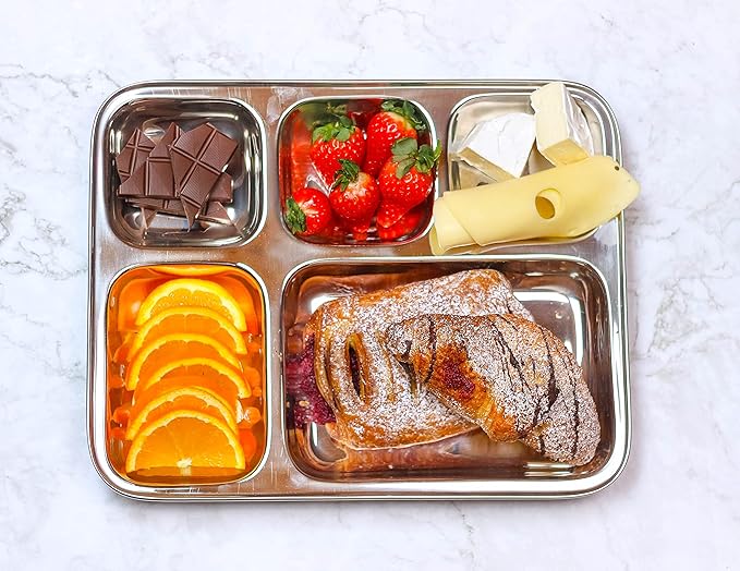 Extra Large Premium Stainless Steel Dinner Plates, 5 Compartments, Set of 2 | Eco Friendly Dinnerwear for Camping, Portion Control, Meal Prep, Lunch, and Party-Ruum Studio Home