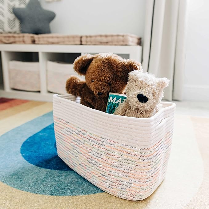 OrganiHaus Set of 3 Woven Storage Baskets for Organizing, Cotton Rope Organizer Bins for Shelves, Closet & Nursery, Dog Toy Basket, Decorative Bins for Toys, Towels & Books - 15x10x9, Rainbow Stitches-Ruum Studio Home