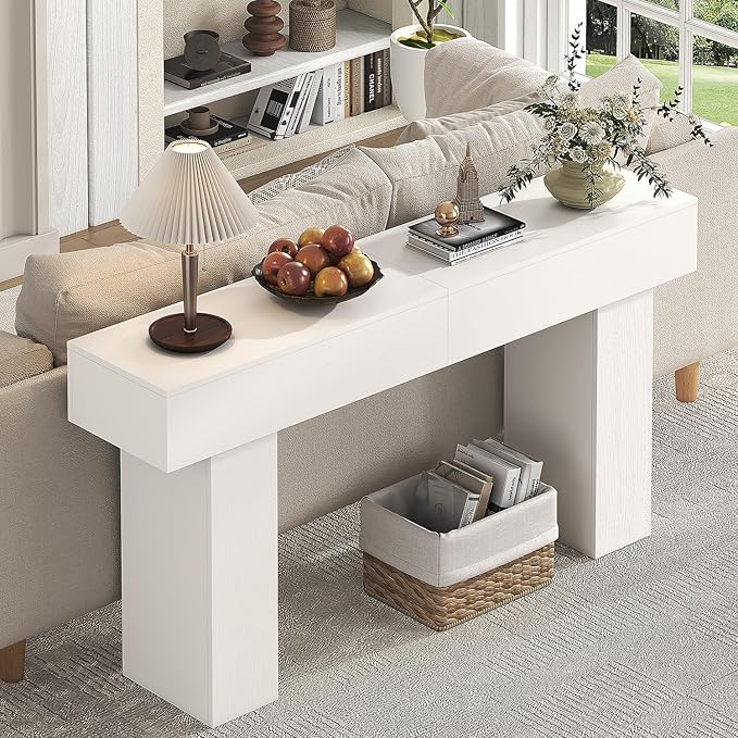 63 Inch Long Console Table for Entryway, Farmhouse Wood Rectangular Sofa Table Behind Couch Table, Narrow Entryway Table for Living Room, Entrance, Hallway, Foyer, Easy Assembly (Classic White)-Ruum Studio Home