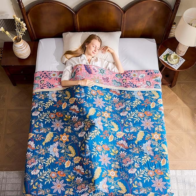 Fall Throw Blanket for Couch, Blue Boho Decorative Throw Blanket, 100% Cotton Muslin Breathable Woven Farmhouse Blankets Quilt, 90"x98" Reversible Lightweight Blankets Bohemian Throw Quilt-Ruum Studio Home