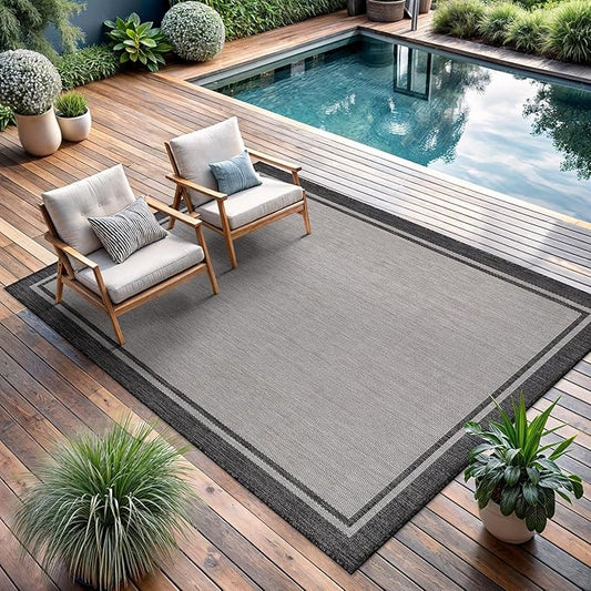 CAMILSON Indoor Outdoor Rug, 10x14 Bordered Gray Modern Area Rugs for Large Indoor and Outdoor Patios, Kitchen and Hallway Mats, Washable Porch Deck Outside Carpet (Bordered Grey, 10 x 14)-Ruum Studio Home