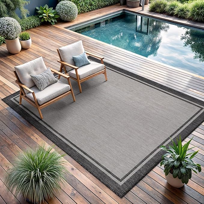 CAMILSON Indoor Outdoor Rug, 5x7 Bordered Gray Modern Area Rugs for Indoor and Outdoor Patios, Kitchen and Hallway Mats, Washable Porch Deck Outside Carpet (Bordered Grey, 5 x 7)-Ruum Studio Home