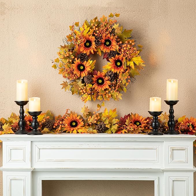 Glitzhome 24'' Fall Wreath for Front Door Decor, Artificial Autumn Orange Wreath with Sunflower, Maple Leaf and Berry Ornament for Wall Fireplace Farmhouse Thanksgiving Day Harvest Festival Decor-Ruum Studio Home