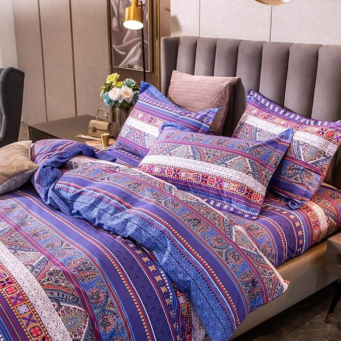 ABREEZE Bohemian Vintage Full Size Floral Cotton Bedding Set 3Pcs Duvet Cover Set Boho Purple Paisley 100% Egyptian Brushed Cotton Reversible Home Bedding Collection-Ruum Studio Home