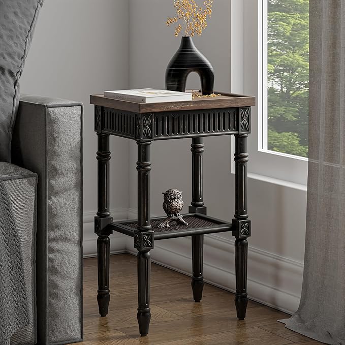 Rustic Farmhouse Cottagecore Accent End Table Set of 2, Distressed Accent Side Table with Espresso Tray Top and Woven Wicker Shelf, Boho, French Country Decor, Square, Weathered Brown & Black-Ruum Studio Home