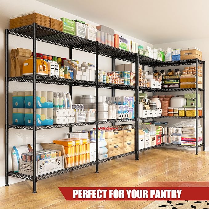 REIBII 61.7''W Storage Shelves Load 1220LBS Wire Shelving Unit 4 Tier Metal Shelving for Storage Rack Shelves Heavy Duty Garage Shelf Pantry Shelves Kitchen Shelving, 61.7" W*62.9" H*15.8" D, Black-Ruum Studio Home