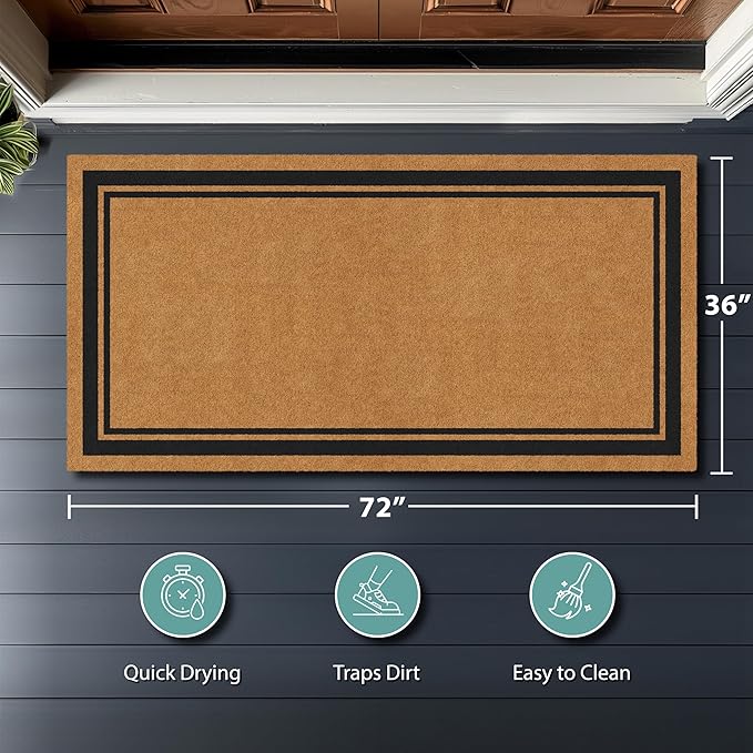 Barnyard Designs Natural Coco Coir Heavy Duty Backing Doormat - Large Cute Non-Slip Front Door Welcome Mat for Outside Entrance or Porch Entry, Brown (36x72, Border)-Ruum Studio Home