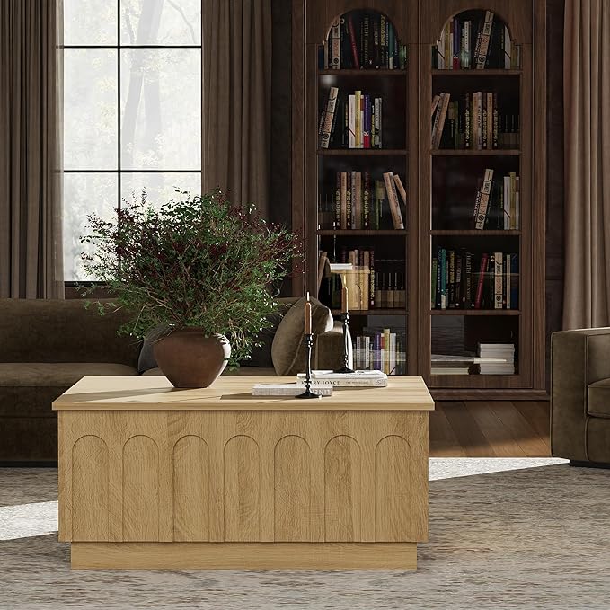 Lift Top Coffee Table with Storage, Modern Coffee Table with Arched Design, 31.5" Square Tea Table with Wood Grain, Boho Multifunctional Center Table for Living Room, Office, Oak-Ruum Studio Home