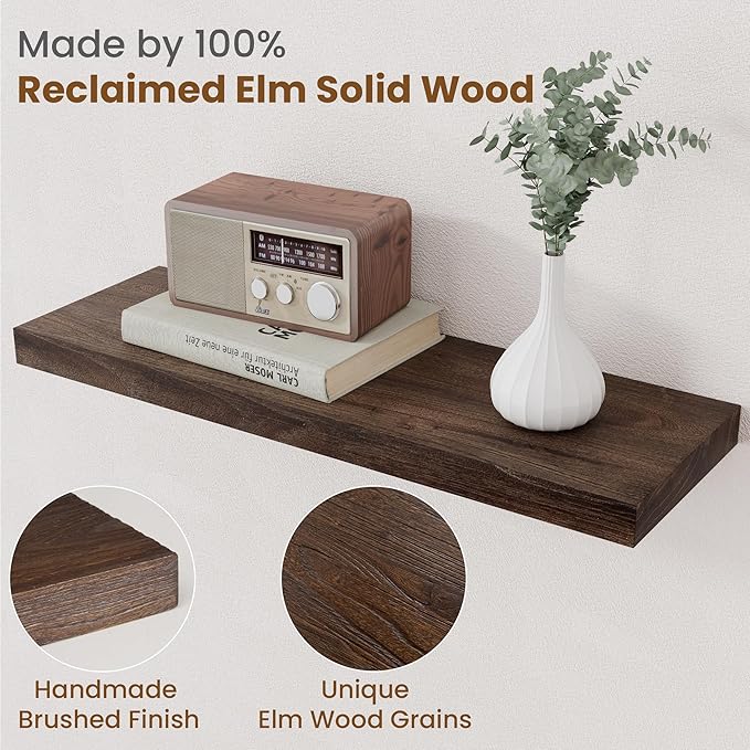 Floating Shelves for Wall Decor, 8 Inch Deep Rustic Solid Elm Wood Floating Shelves Wall Mounted, Wall Shelves with Invisible Bracket for Living Room Bathroom Bedroom Kitchen, 24 Inch Set of 2, Walnut-Ruum Studio Home
