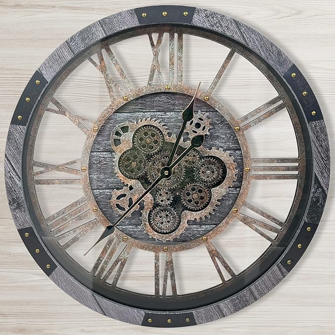 DORBOKER 30" Large Wall Clock Moving Gears,Oversized Industrial Rustic Farmhouse Clocks for Living Room Decor Office Home, Solid Wood Retro Metal HD Tempered Glass Cover,Carbon Grey-Ruum Studio Home