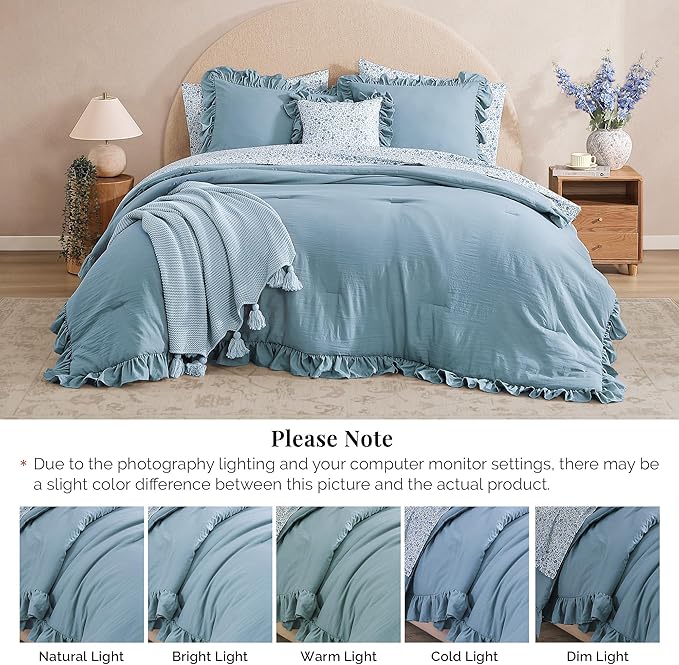King Comforter Set - 7 Pieces Ruffle Blue Bedding Sets, Shabby Chic Farmhouse Bed in a Bag King with Ruffle Comforter, Floral Sheets, Pillowcases & Shams-Ruum Studio Home