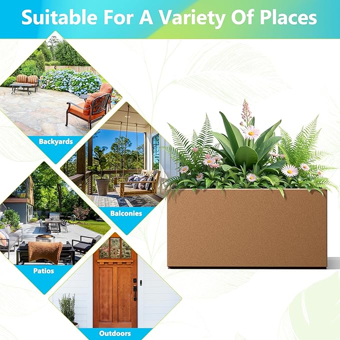 FENCY Metal Rectangular Planter Box, Large Planters for Outdoor Plants, Tall Planters for Outdoor Plants with Drainage Holes (32" L x 10" W x 16.3" H,Brown)-Ruum Studio Home