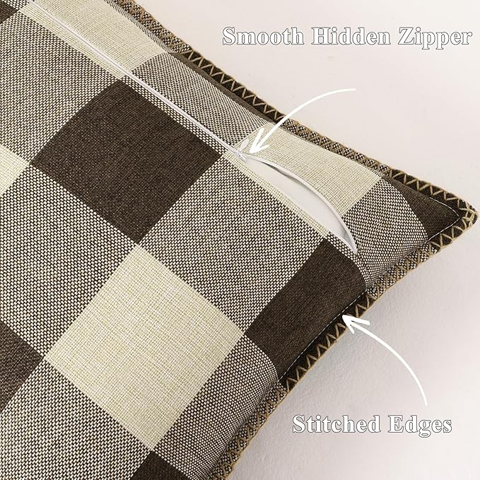 decorUhome Buffalo Plaid Check Throw Pillow Covers 20x20 Set of 2, Outdoor Decorative Farmhouse Neutral Pillow Covers with Stitched Edge for Bed Couch Sofa, Brown and Beige-Ruum Studio Home