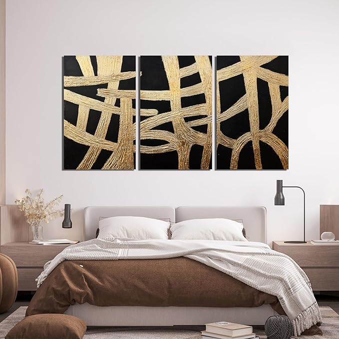 Canvas Wall Art Decor Large Wall Art Pictures for Living Room Black And Gold Wall Art Decor Artwork for Walls Abstract Textured Wall Art Prints Art Work For Room Office Home Wall Decor 24" X 36" *3pcs-Ruum Studio Home