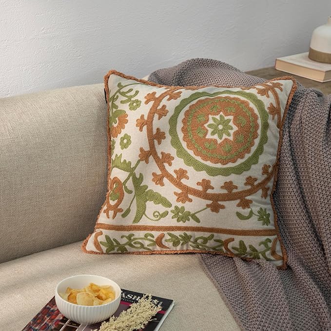 Embroidered Mandala Floral Vintage Indian Cotton Decorative Embroidery Throw Pillow Covers, Fringes Lace Cushion Cover, Pillow Case for Sofa Couch Bed Chair 18" x 18"-Ruum Studio Home
