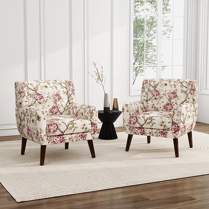 UIXE Floral Accent Chair, Modern Upholstered Armchair in Fabric for Living Room, Comfy Club Arm Chairs Single Sofa Button Tufted Bedroom Reading Seat - Pattern Floral, Set of 2-Ruum Studio Home