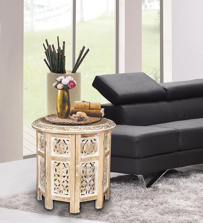 Lightnpro Hand Carved Solid Mango Wood Octagonal Accent Table - 18"×18" White Wash Farmhouse Vintage Home Décor Round End Table for Living Room, Bedroom, Entryway - Rustic Boho Side Table-Ruum Studio Home