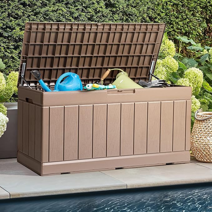 JUMMICO 83 Gallon Outdoor Deck Box Large Resin Storage Box for Patio Furniture Cushions and Garden Tools (Khaki)-Ruum Studio Home
