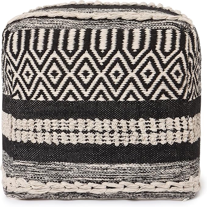 REDEARTH · Tufted Pouf Ottoman with Filler Textured Storage Cube Bean Bag Pouffe Footrest for Living Room, Bedroom, Nursery, Kidsroom; 100% Cotton (17.5"X17.5"X17.5", Char Delineate Black)-Ruum Studio Home