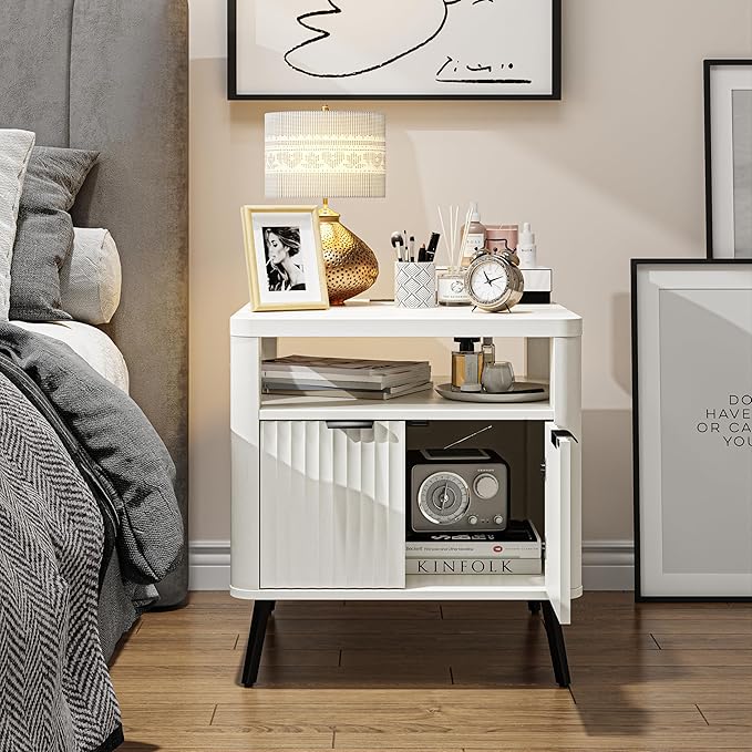 Nightstand with Charging Station, 24" End Table Side Table with Open Shelf, Modern Large Wood Fluted Bedside Cabinet for Bedroom, Living Room, White-Ruum Studio Home