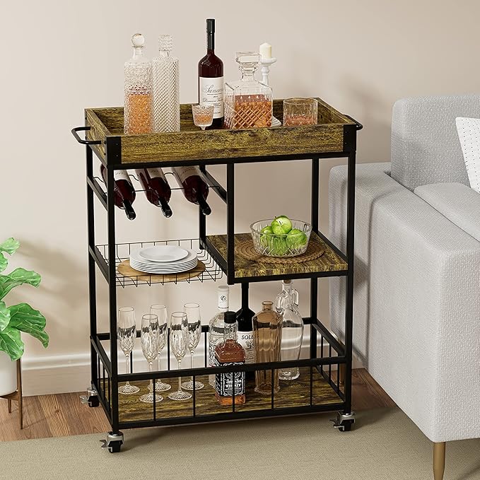 Bar Cart with Basket 3 Tiers Home Rolling Wine Rack with Wheels Mobile Kitchen Industrial Vintage Style Wood Metal Serving Trolley Serving Cart,Glass Holder Bar Cabinet-Ruum Studio Home