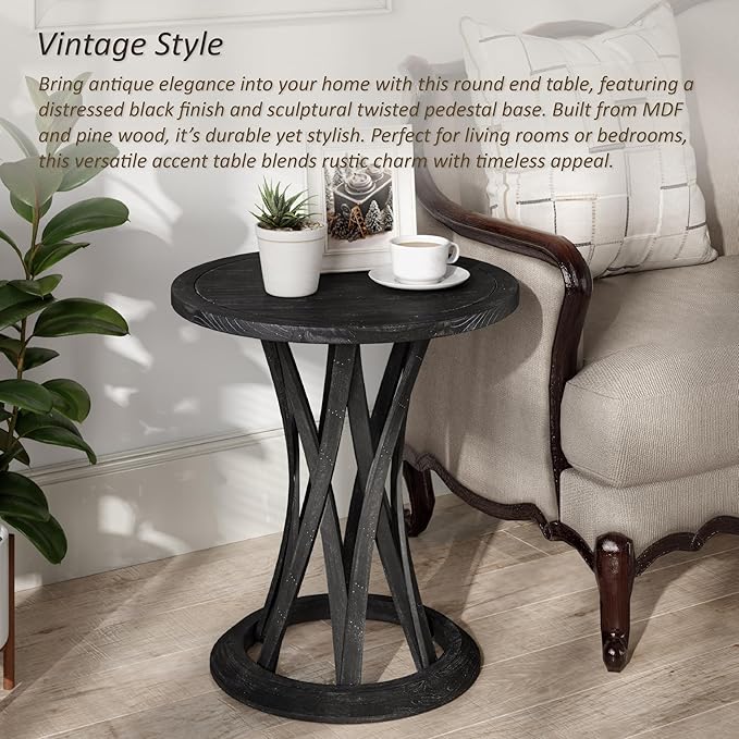 Round Farmhouse End Table with Crisscross Pedestal Base, Distressed Finish Side Table Rustic Accent Table for Living Room, Pine Wood, Black-Ruum Studio Home