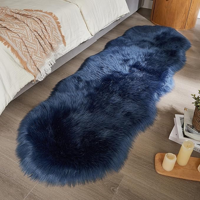 AMTOVO Faux Sheepskin Rug, Dark Blue Ultra Soft Fluffy Shag Area Rug, 2 x 6 ft Faux Fur Rug for Bedroom Sofa Throw Cushion Room Decor, Sheepskin-Ruum Studio Home