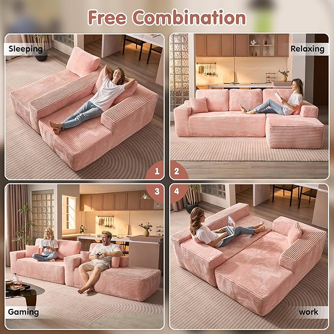 ovios 104" Cloud Sectional Couch with L-Shape Chaise,Modern Modular Sofa with Deep Seat, Upholstered Couches for Living Room Bedroom,No Assembly Required, Pink (Plush Corduroy Fabric)-Ruum Studio Home