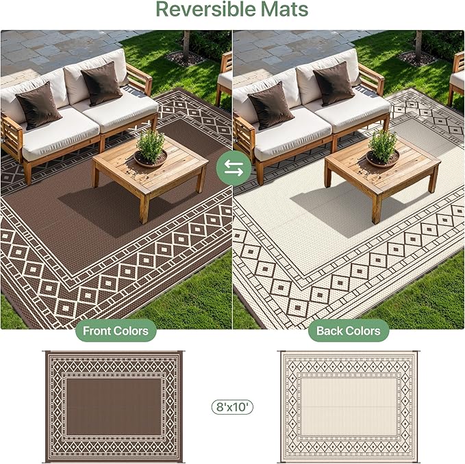 GENIMO Outdoor Rug Waterproof for Patio, 8'x10' Foldable Reversible Plastic Straw Carpet for Travel Trailers, Outside Area Mat for Rv, Deck, Picnic, Porch, Camper, Balcony, Beach, Coffee & Beige-Ruum Studio Home