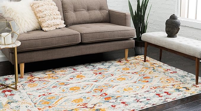 Unique Loom Rosso Collection Vintage, Geometric, Bohemian, Traditional, Distressed, Southwestern Area Rug, 5' 0" x 8' 0", Multi/Ivory-Ruum Studio Home